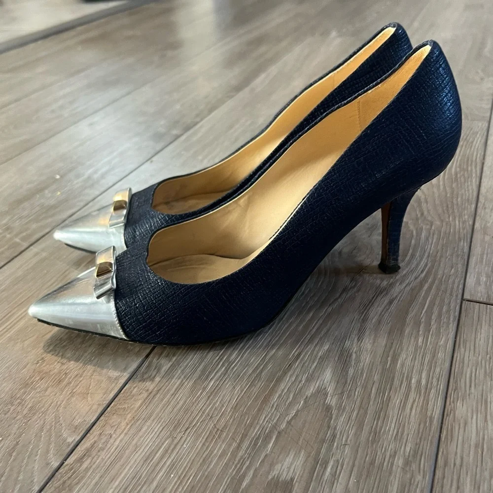 kate spade Black Pumps with Silver Pointed Toe & Bow Accent